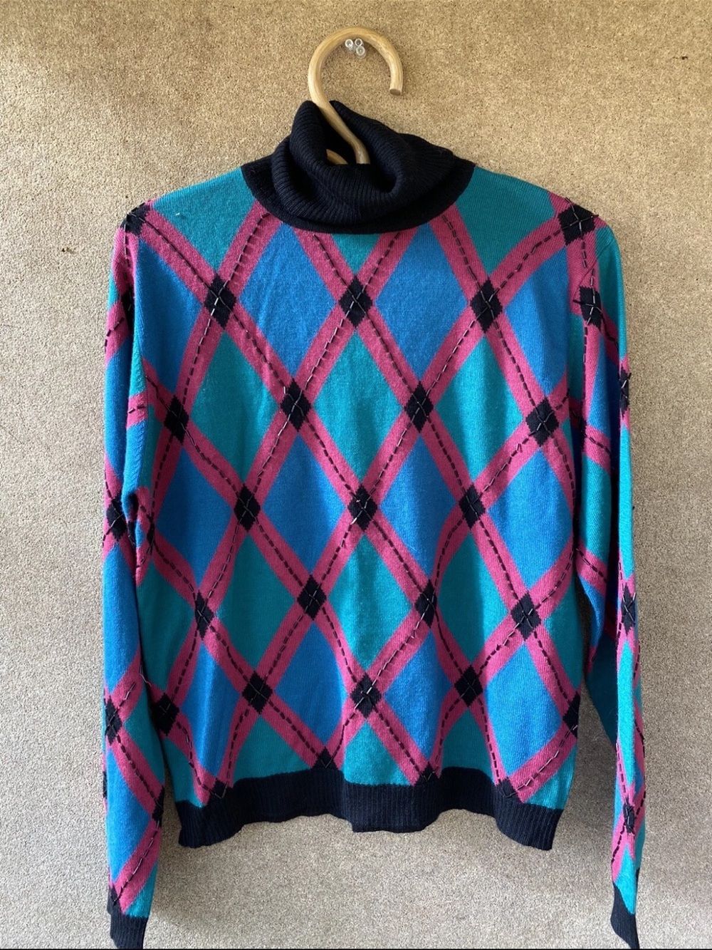 Papillion Collection Argyle Turtleneck Sweater Blue Pink Teal wool size Large